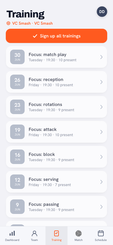 A player's Training tab in the Koach app: signing in or out of a volleyball practice with one tap