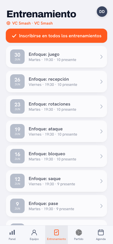 Pestaña Entrenamiento de un jugador en la app Koach: confirmarse o excusarse de un entrenamiento de voleibol con un toque
