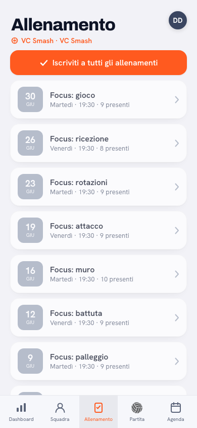 La scheda Allenamento di un giocatore nell'app Koach: iscriversi o dare forfait per un allenamento di pallavolo con un tocco