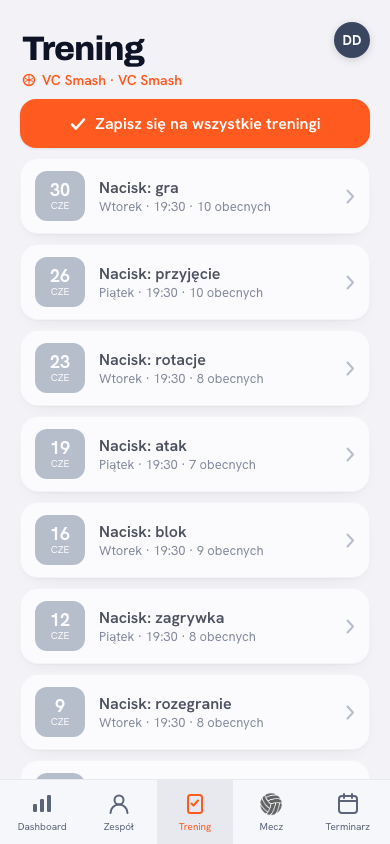 Zakładka Trening zawodnika w aplikacji Koach: zgłaszanie się lub wypisywanie z treningu siatkówki jednym dotknięciem