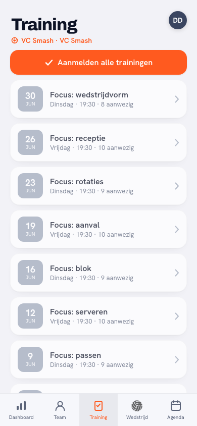 Trainingstab van een speler in de Koach-app: aanmelden of afmelden voor een volleybaltraining met één tik