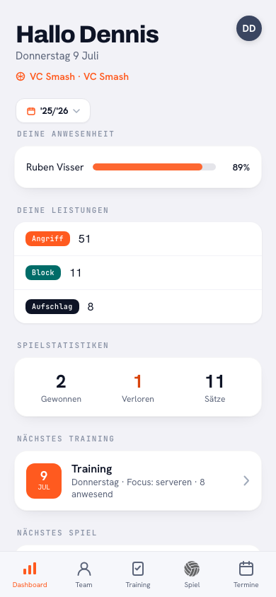 Das Spielerkonto in Koach: das Dashboard „Meine Übersicht