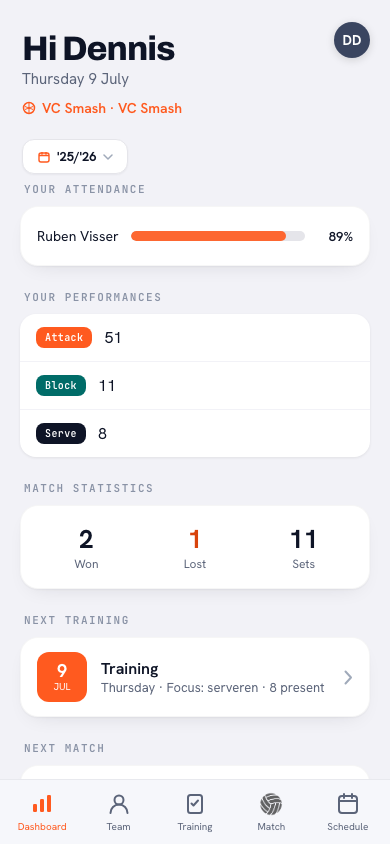 The player account in Koach: the 'My overview' dashboard with attendance and own points