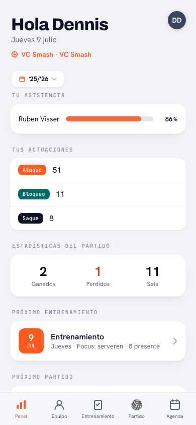 Panel de jugador en la app de voleibol Koach con asistencia y puntos personales