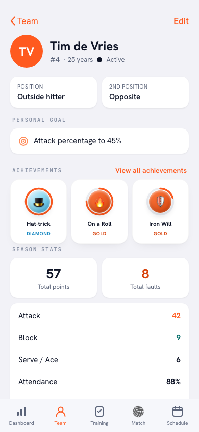 Player profile with position outside hitter and second position opposite in the Koach app