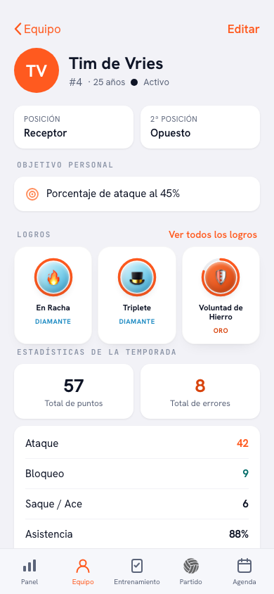Logros en el perfil del jugador en la app Koach: 25 puntos en un partido, 42 puntos de ataque, los 3 partidos jugados