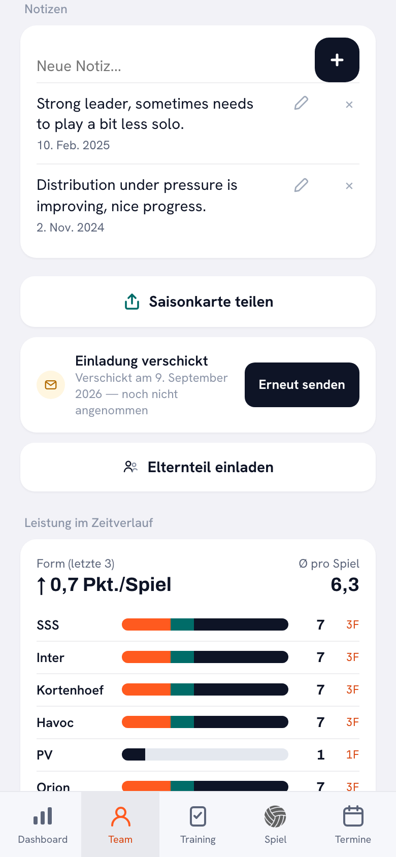 Das Spielerprofil in der Koach-App mit dem Feld Neue Notiz, zwei Notizen mit Datum und darunter Leistung im Zeitverlauf