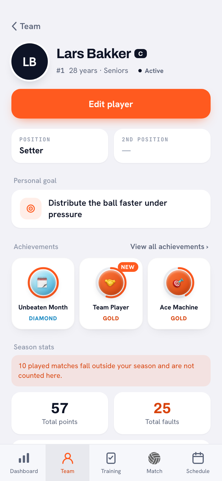 Player profile of a setter in the Koach app with position, second position and a personal goal