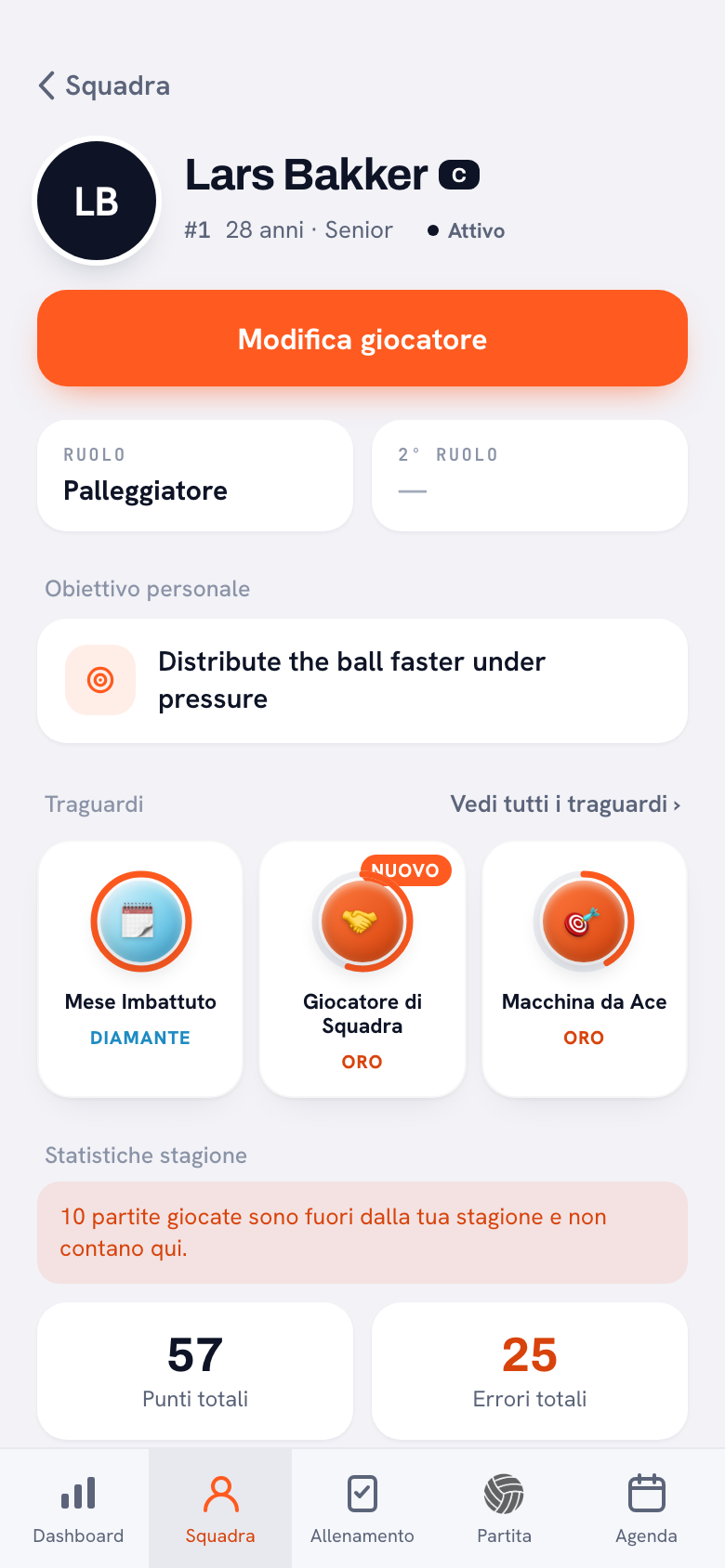 Profilo di un palleggiatore nell'app Koach con ruolo, secondo ruolo e un obiettivo personale