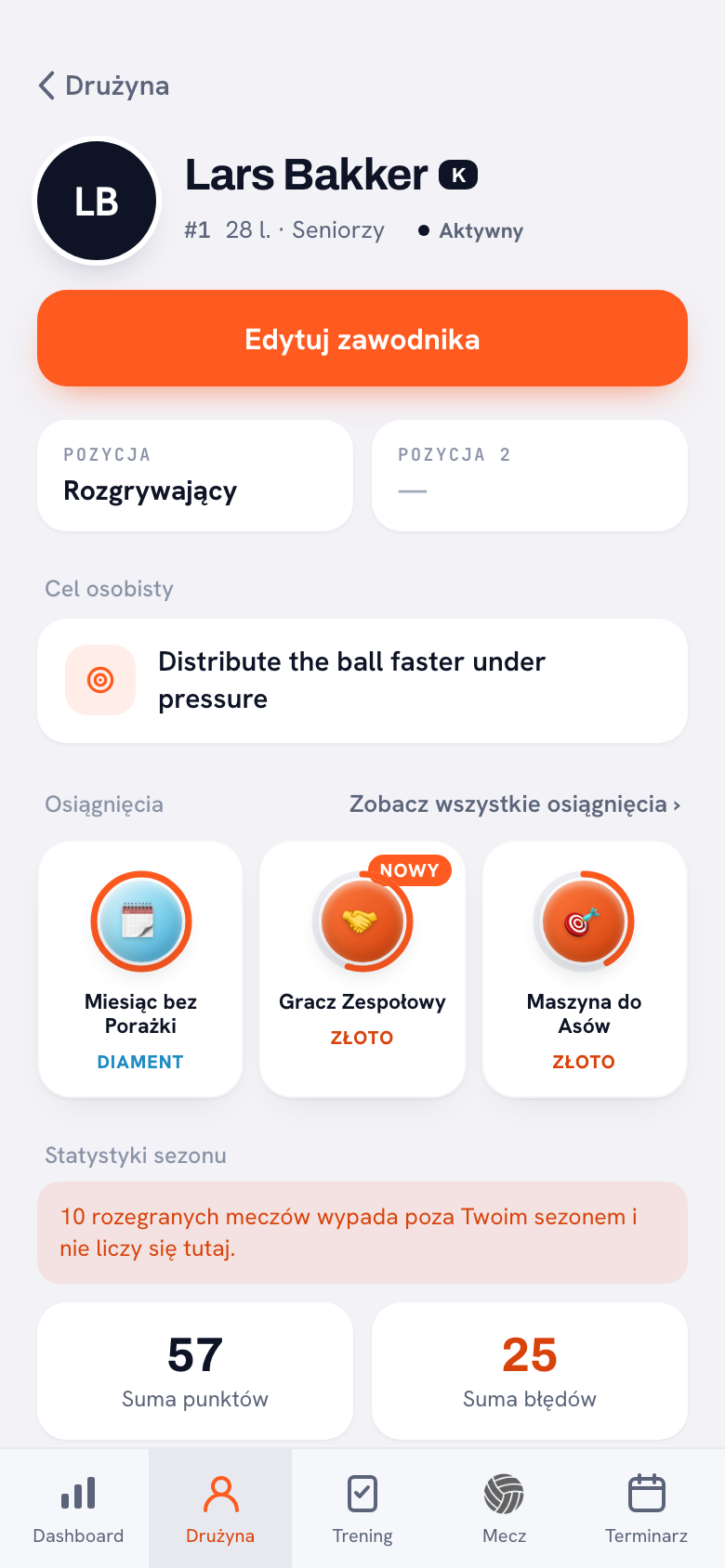 Profil rozgrywającego w aplikacji Koach z pozycją, drugą pozycją i celem osobistym