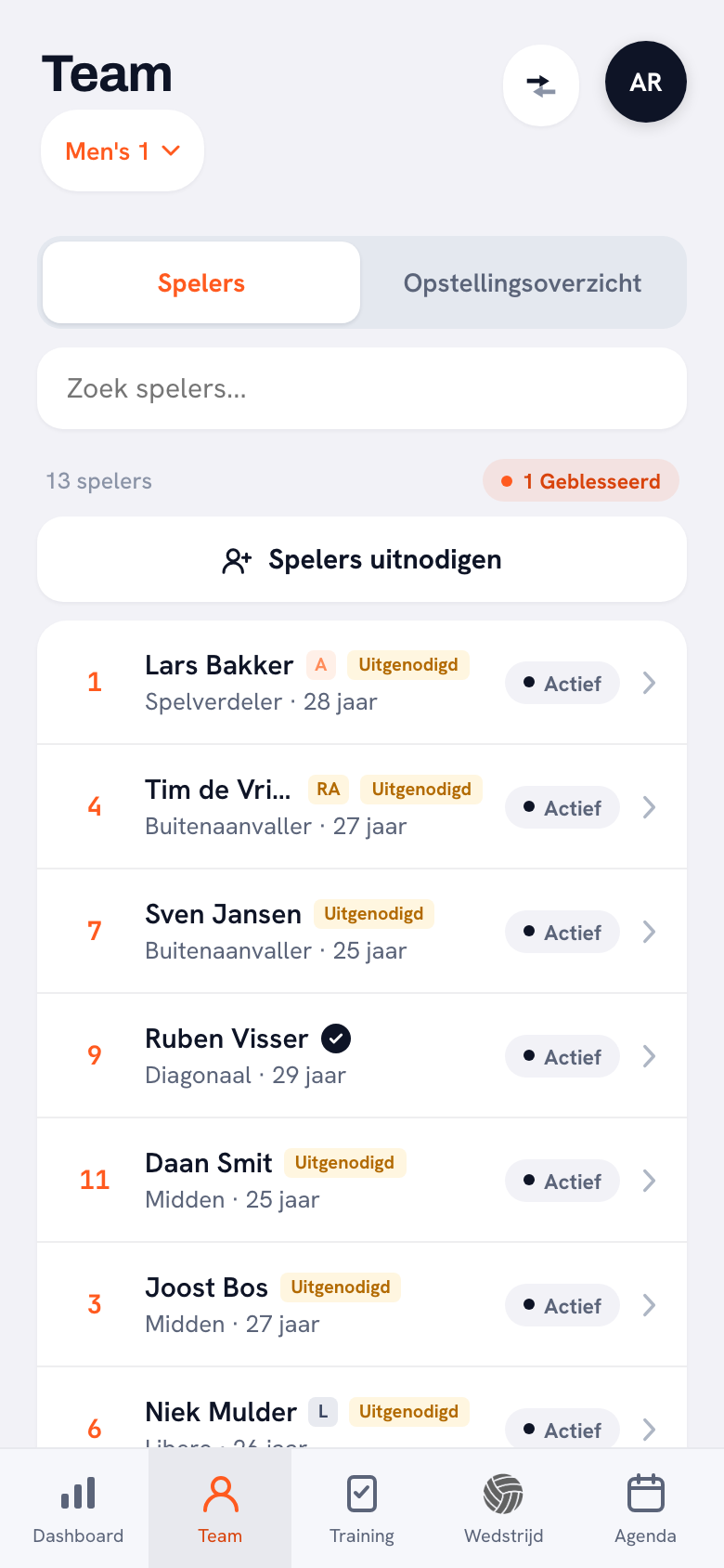 De spelerslijst van het team: dertien spelers met rugnummer, positie en leeftijd, een knop Spelers uitnodigen en per speler het label Uitgenodigd of Actief.