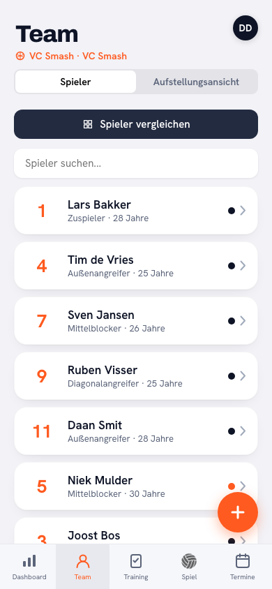 Spielerliste in der Koach-App: nach dem Verlassen des Volleyballteams bleibt dein Spielerprofil einfach in der Liste
