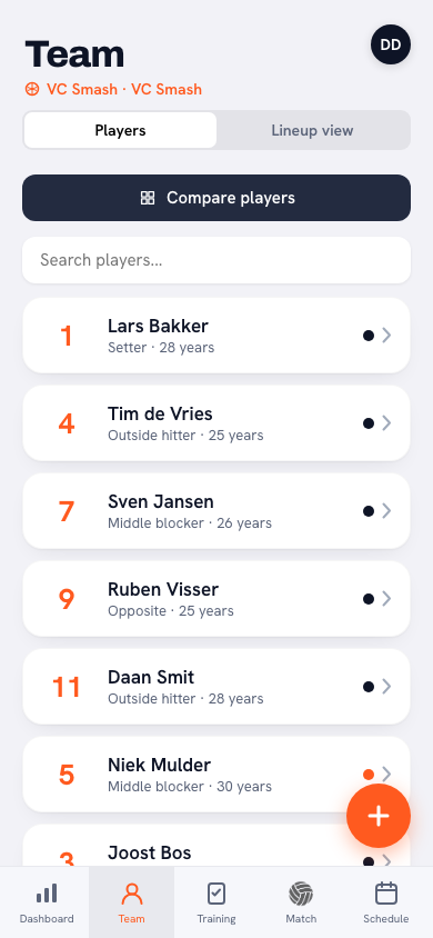 Player list in the Koach app: after leaving the volleyball team, your player profile simply remains in the list