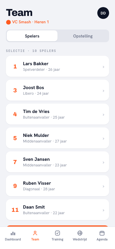 Spelerslijst in de Koach-app met per speler het rugnummer in oranje, naam en positie