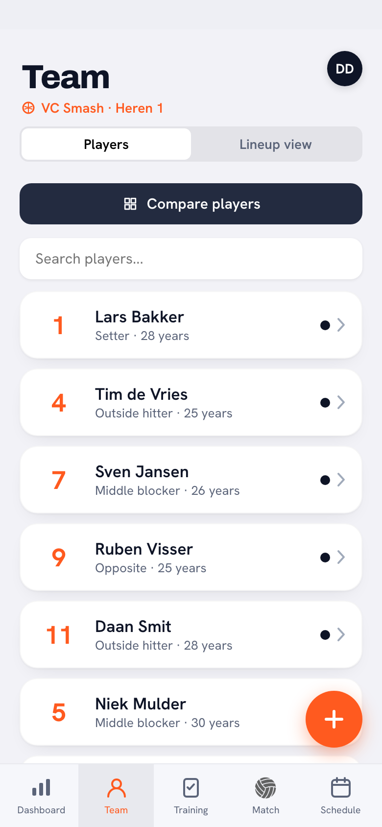 Team overview in the Koach app with the roster and each player's position and jersey number