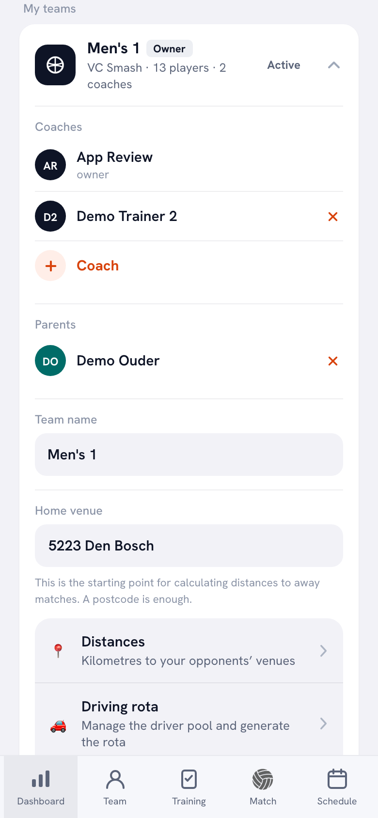 The My teams screen showing Men’s 1 with an Owner label, the coaches App Review (owner) and Demo Trainer 2 below it, a Parents block with Demo Ouder, and the team name and home venue fields.