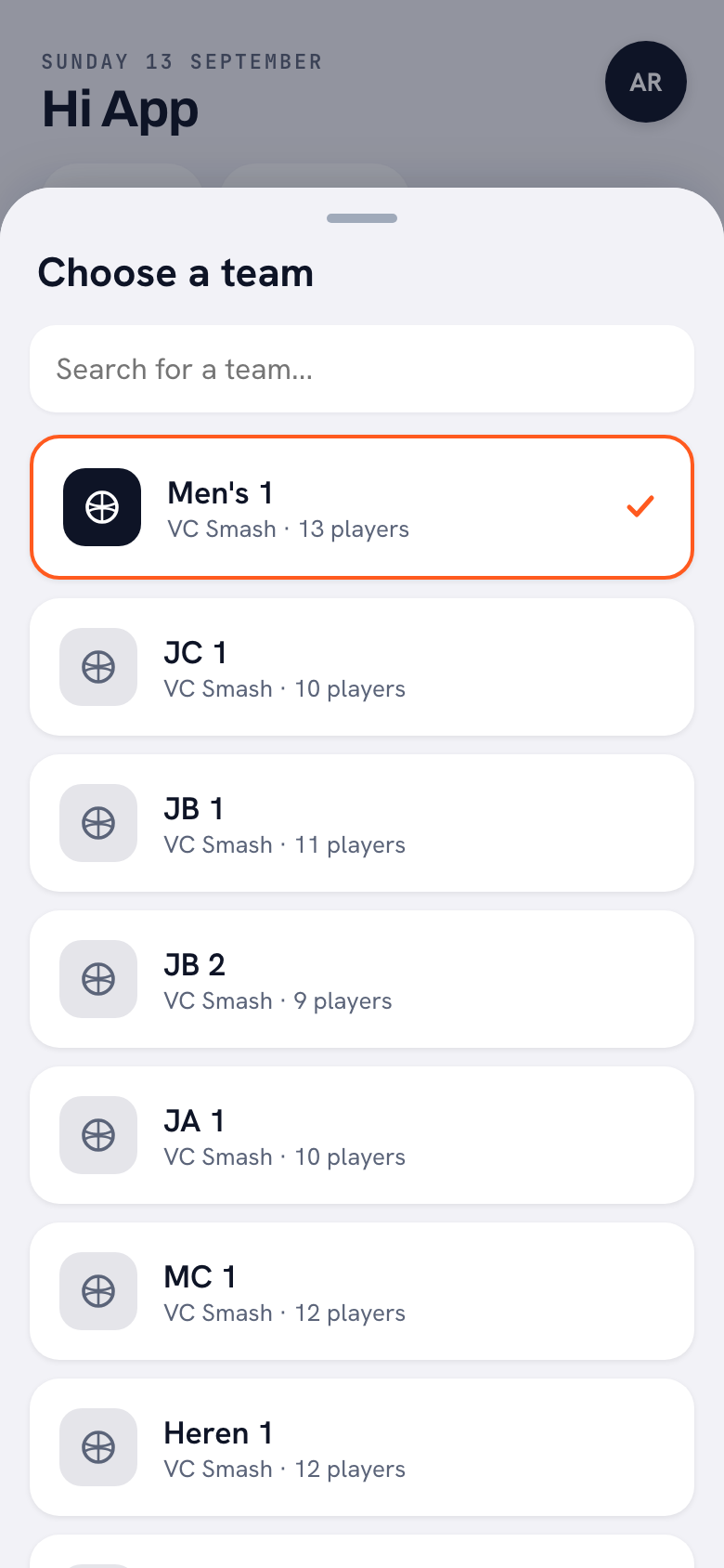 The 'Choose a team' sheet in Koach, with a search field and the teams of demo club VC Smash below it: Men's 1, JC 1, JB 1, JB 2, JA 1, MC 1 and Heren 1.