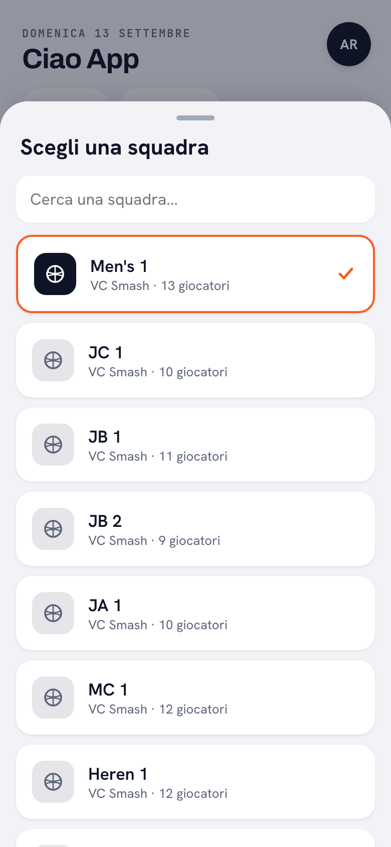Il foglio 'Scegli una squadra' in Koach, con un campo di ricerca e sotto le squadre della società di prova VC Smash: Men's 1, JC 1, JB 1, JB 2, JA 1, MC 1 e Heren 1.