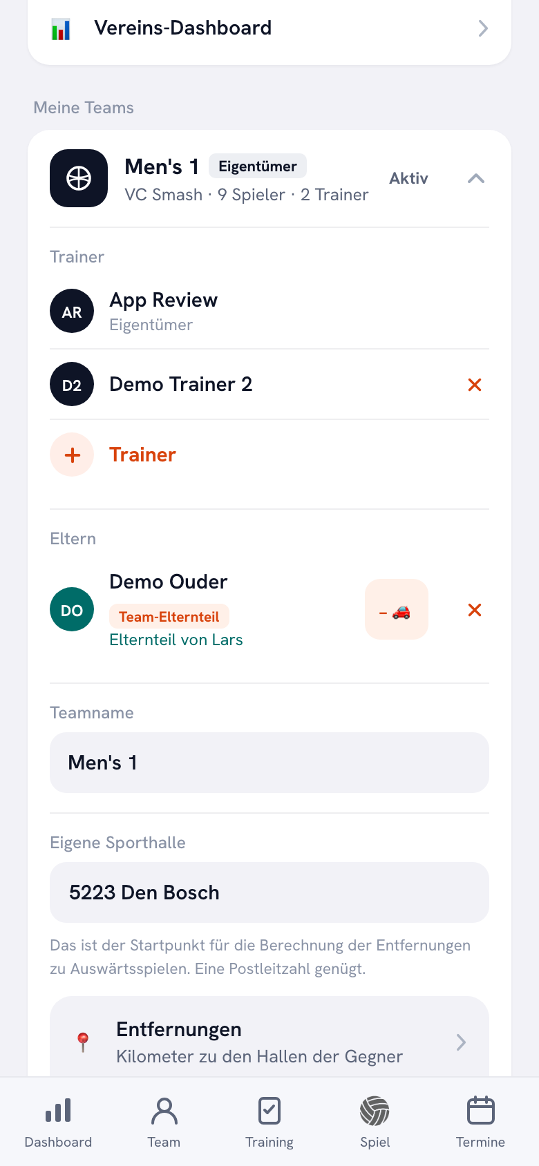 Teamkarte im Koach-Profil mit einem Elternteil mit dem Label Team-Elternteil unter Eltern und dem Button mit dem Auto