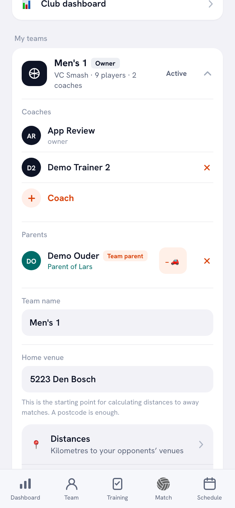 Team card in the Koach profile with a parent labeled Team parent under Parents and the button with the car icon
