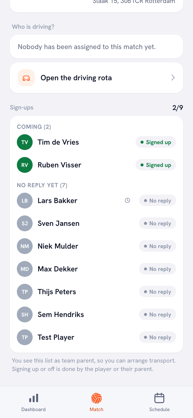The Match tab as a team parent sees it, with the team's sign-up list and the button to open the driving rota