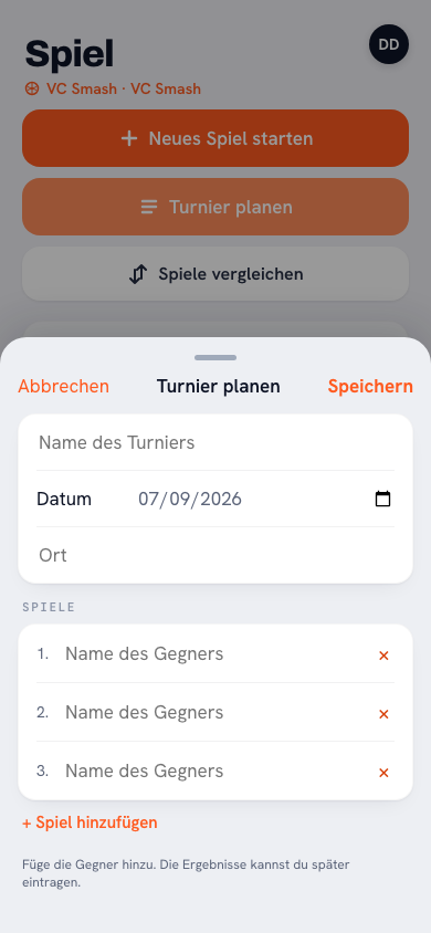 Turniere in der Koach-App: bevorstehende Turniere mit Datum und Anzahl der Spiele, plus abgeschlossene mit Endergebnis