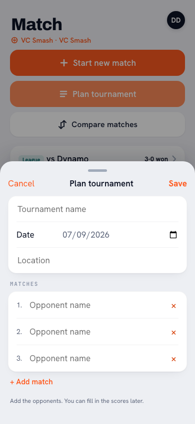 Tournaments in the Koach app: upcoming tournaments with date and number of matches, plus completed ones with final result