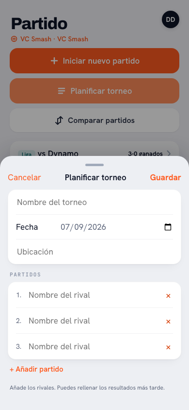 Torneos en la app Koach: próximos torneos con fecha y número de partidos, más los finalizados con el resultado final