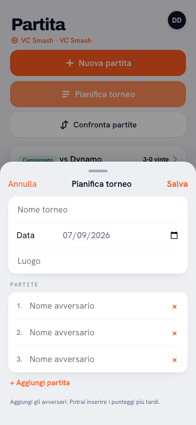 Tornei nell'app Koach: tornei imminenti con data e numero di partite, oltre a quelli conclusi con il risultato finale