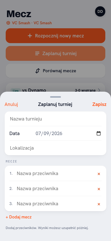 Turnieje w aplikacji Koach: nadchodzące turnieje z datą i liczbą meczów oraz zakończone z wynikiem końcowym