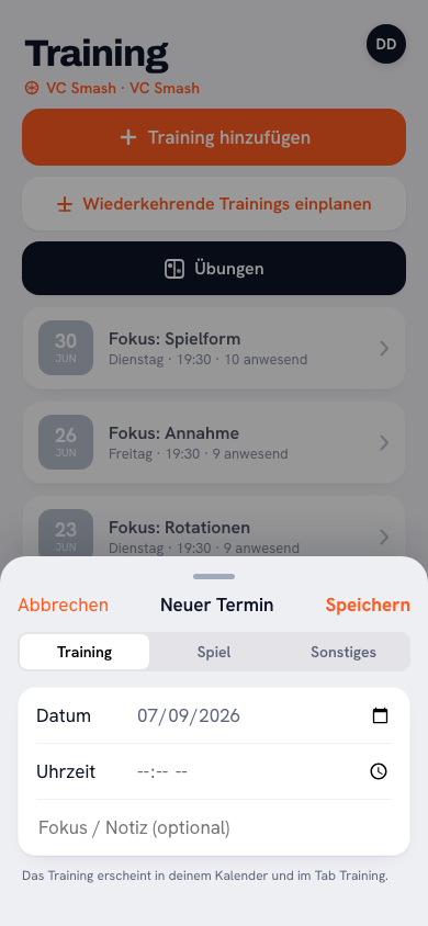 Ein neues Training in der Koach-App anlegen: Datum, Uhrzeit, Ort, Fokus und Wiederholung festlegen