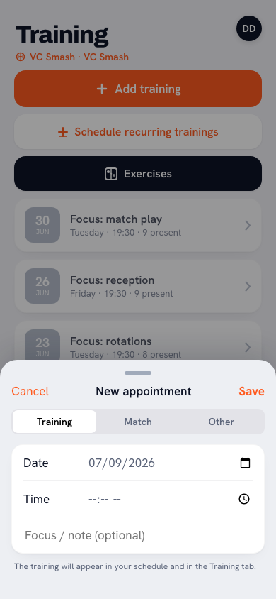 Creating a new practice in the Koach app: setting date, time, location, focus and repetition