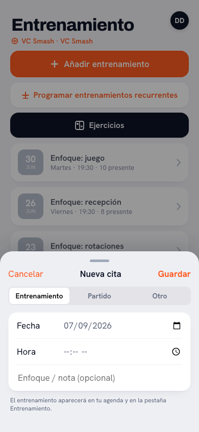 Crear un nuevo entrenamiento en la app Koach: configurar fecha, hora, lugar, objetivo y repetición