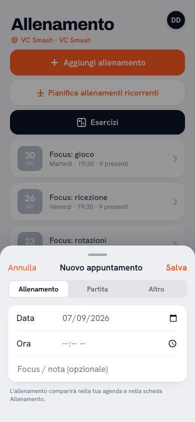 Programmazione di un nuovo allenamento nell'app Koach: data, orario, luogo e focus
