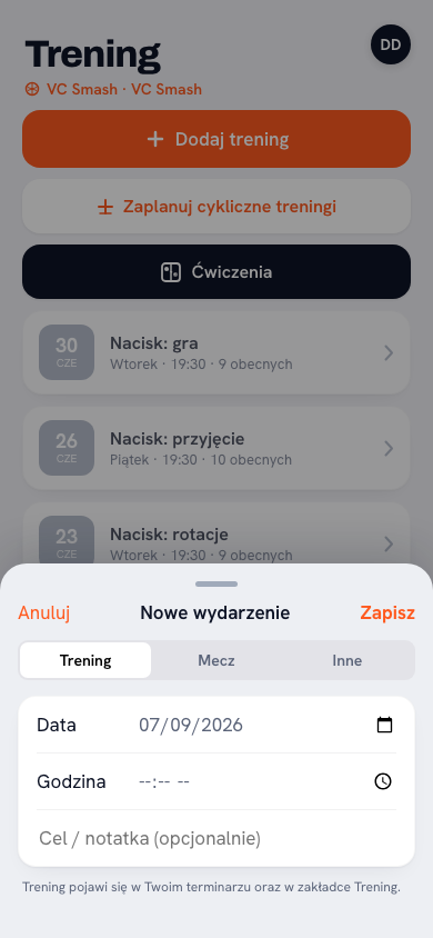 Tworzenie nowego treningu w aplikacji Koach: ustawianie daty, godziny, miejsca, celu i powtarzania