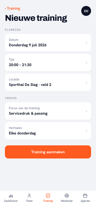 Nieuwe training plannen in de Koach-app: datum, tijd, locatie en focus