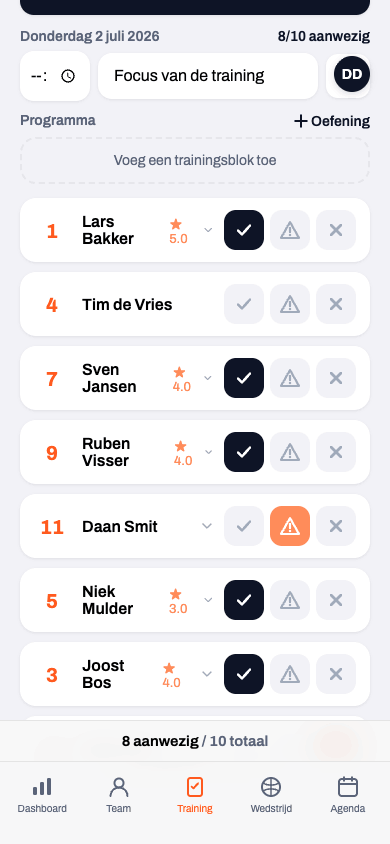 Aanwezigheidsregistratie met de oranje status 'te laat' bij een speler in de Koach-app