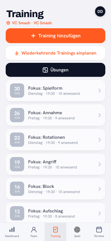Der Trainingsbildschirm der Koach-App mit der Anwesenheit und dem Übungsplan dieses Abends