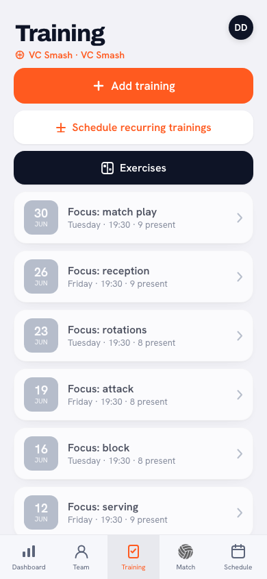 Practice overview in the Koach app with the plan for the evening and the players present