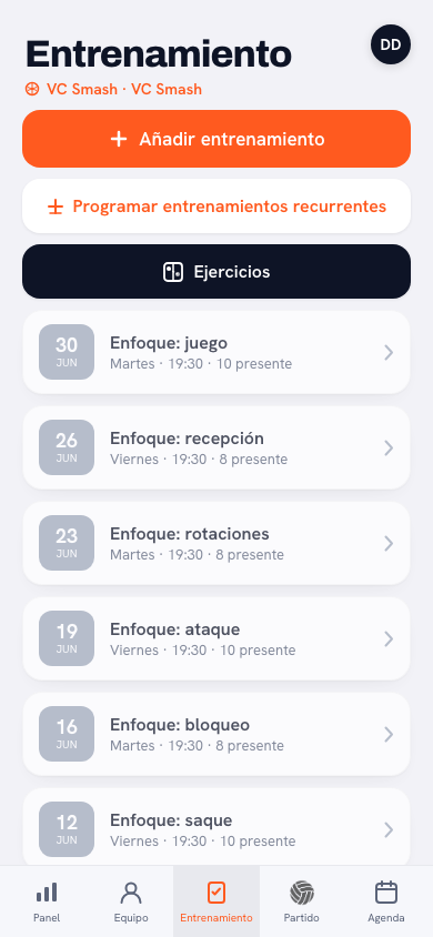 Resumen del entrenamiento en la app Koach con el programa de la noche y los jugadores presentes