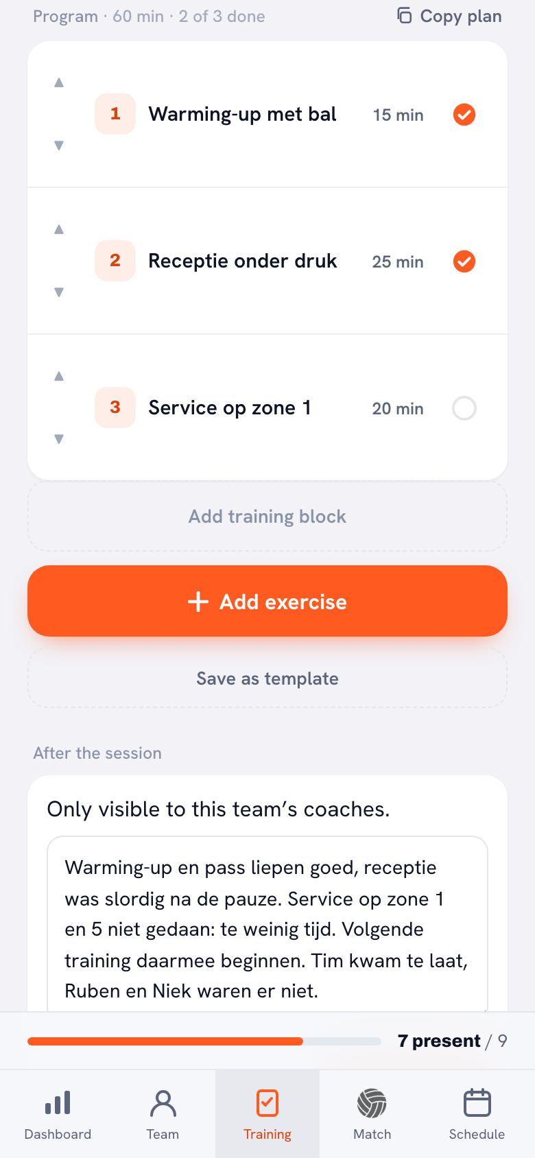 One session with three blocks: a fifteen minute warm-up with ball and a twenty-five minute serve receive under pressure, both with an orange tick, and twenty minutes of serving to zone 1 with an empty circle. Above it: Program · 60 min · 2 of 3 done.