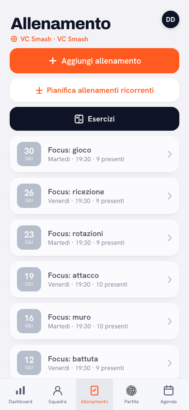 Panoramica dell'allenamento nell'app Koach con il programma della serata e i giocatori presenti