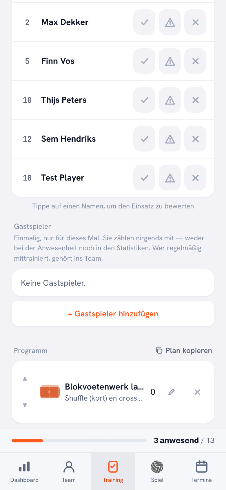 Der Gastspieler-Block unter der Anwesenheitsliste eines Trainings, mit dem Hinweis, dass Gastspieler nirgends mitzählen, und darunter der Button zum Hinzufügen.
