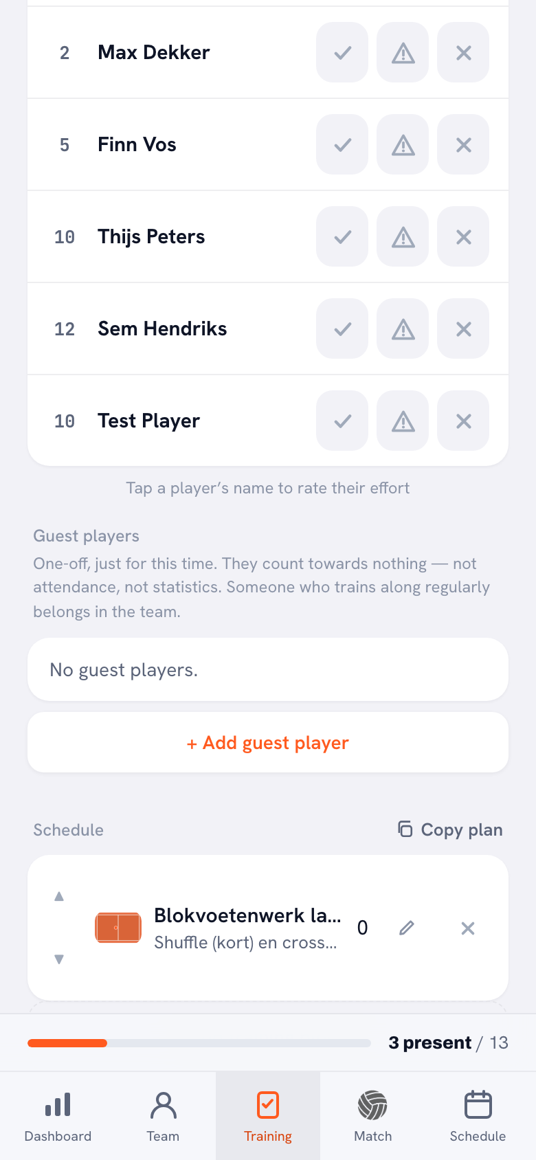 The guest player block under a training’s attendance list, with the line saying guests count towards nothing and, below it, the button to add a guest player.