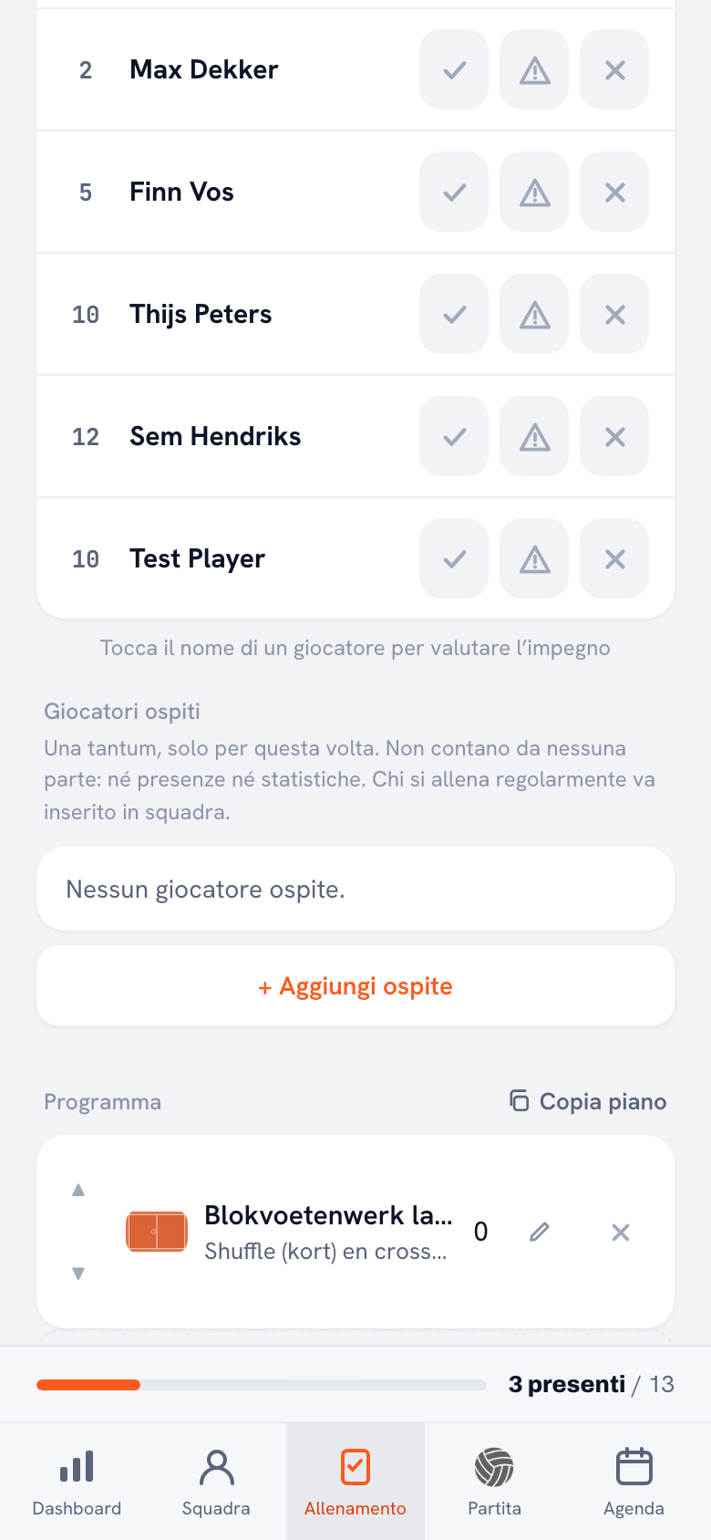 Il blocco dei giocatori ospiti sotto l’elenco presenze di un allenamento, con la riga che dice che non contano da nessuna parte e, sotto, il pulsante per aggiungerne uno.
