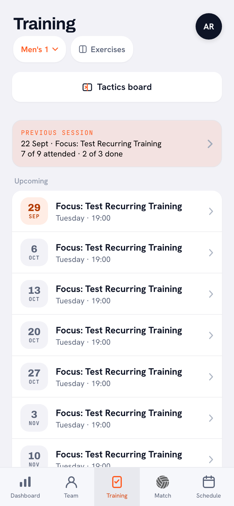 The Training tab with a tinted card at the top: Previous session, 22 Sept, the focus of that evening, and underneath 7 of 9 attended · 2 of 3 done, with an arrow pointing right.