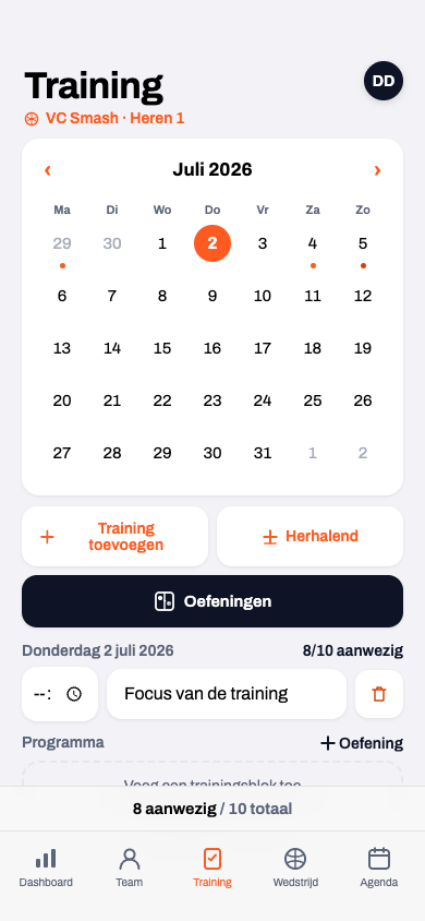 Trainingsoverzicht in de Koach-app met het programma van de avond en de aanwezige spelers
