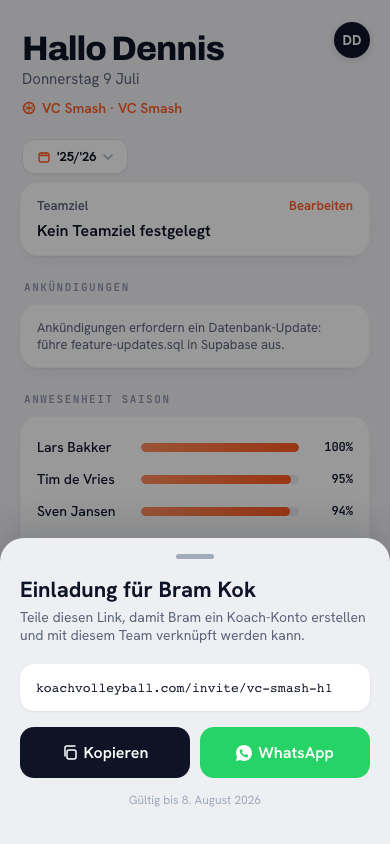 Einladen in der Koach-App: teilbarer Team-Link mit dem Status jedes Spielers als angenommen oder ausstehend