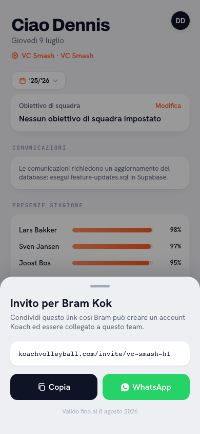 Invito nell'app Koach: link di squadra condivisibile con lo stato di ogni giocatore mostrato come accettato o in attesa
