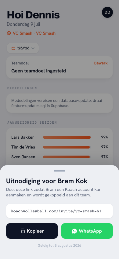Uitnodigen in de Koach-app: deelbare teamlink met per speler de status geaccepteerd of in afwachting